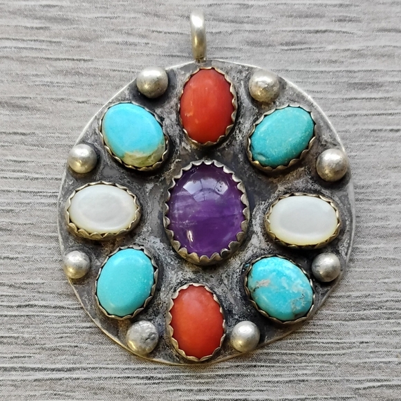 1977 Sterling Silver Multi Gemstone Pendant Handcrafted Round - Picture 1 of 16
